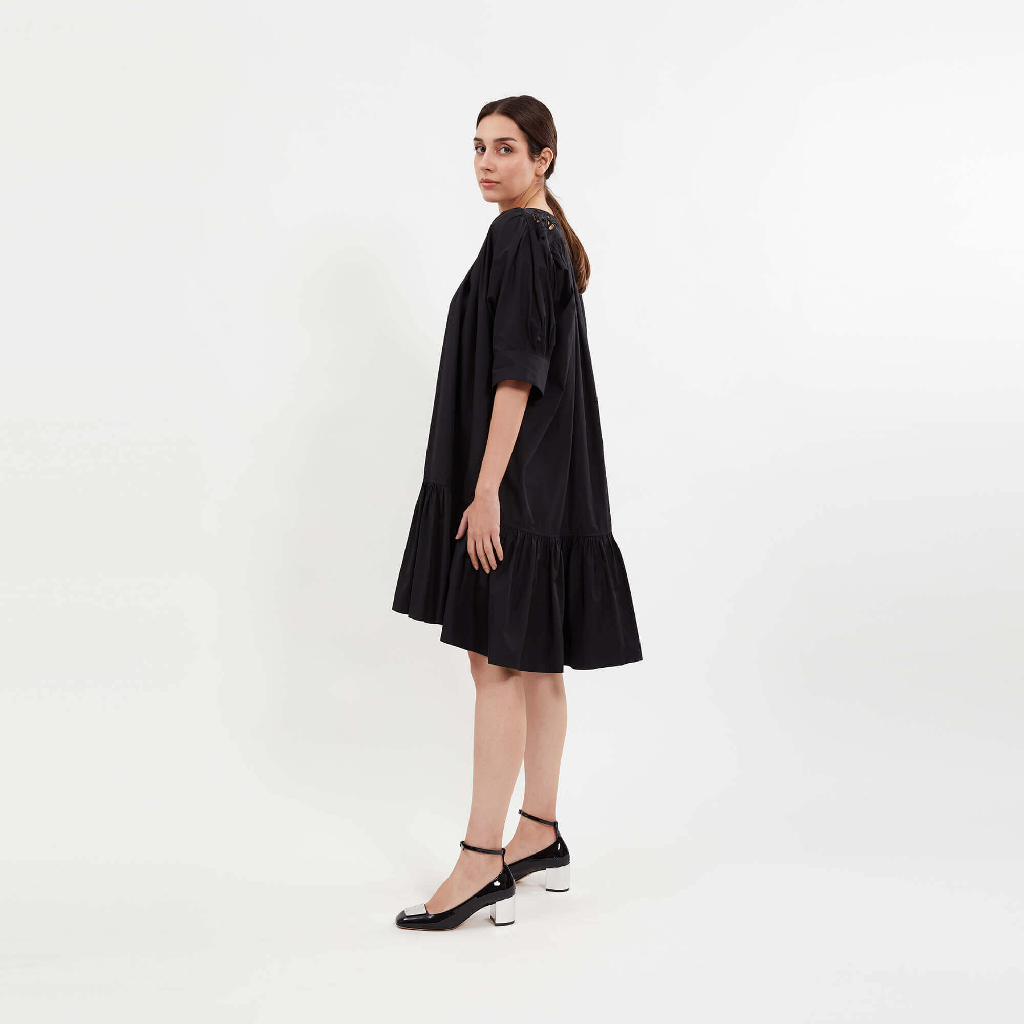 Chloe - Black Cotton Poplin Belted Dress